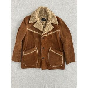 Vintage Reynolds Coat Mens 42 Brown Suede Sherpa Lined Western Shawl Collar 70s